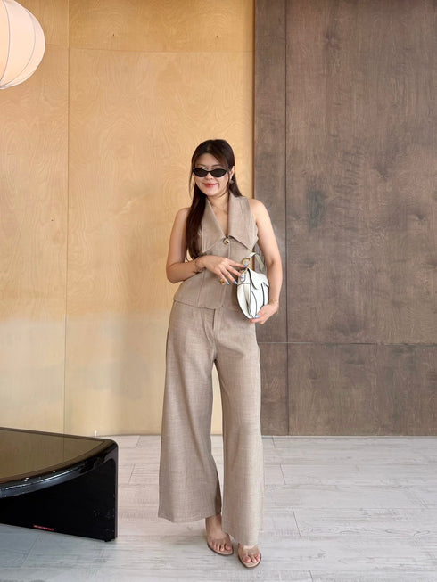 Two Piece Turn Down Collar Single Breasted Button Top with Trouser